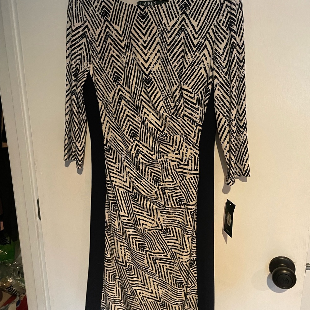 Ralph Lauren Black and Cream Geometric Long Sleeve Dress